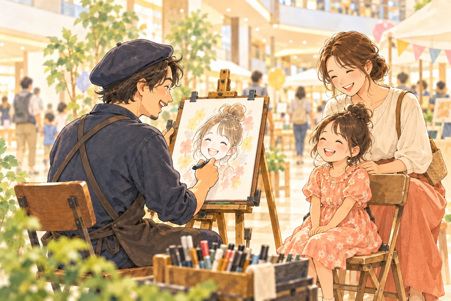 子ども会で似顔絵を楽しむ様子のイメージイラスト