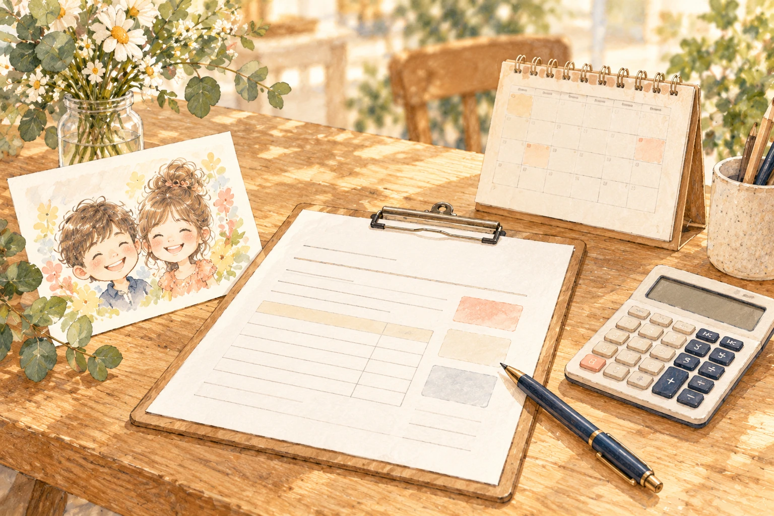 似顔絵と申込用紙、カレンダー、電卓が並ぶ相談用の机のイメージイラスト
