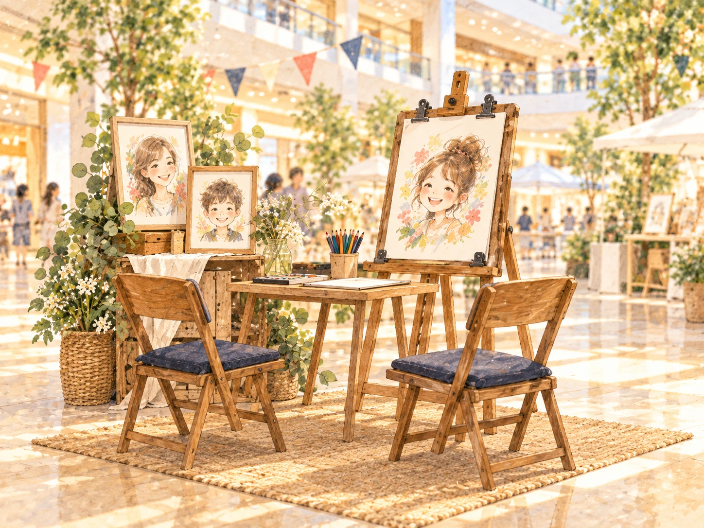 商業施設に机、椅子、イーゼルと似顔絵を配置した制作ブースのイメージイラスト