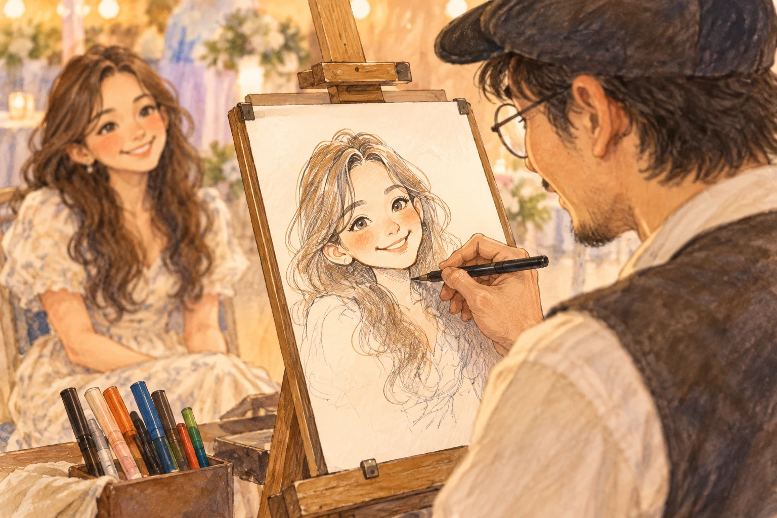 女性をモデルに、作家がペンで似顔絵を描いている手元のイメージイラスト