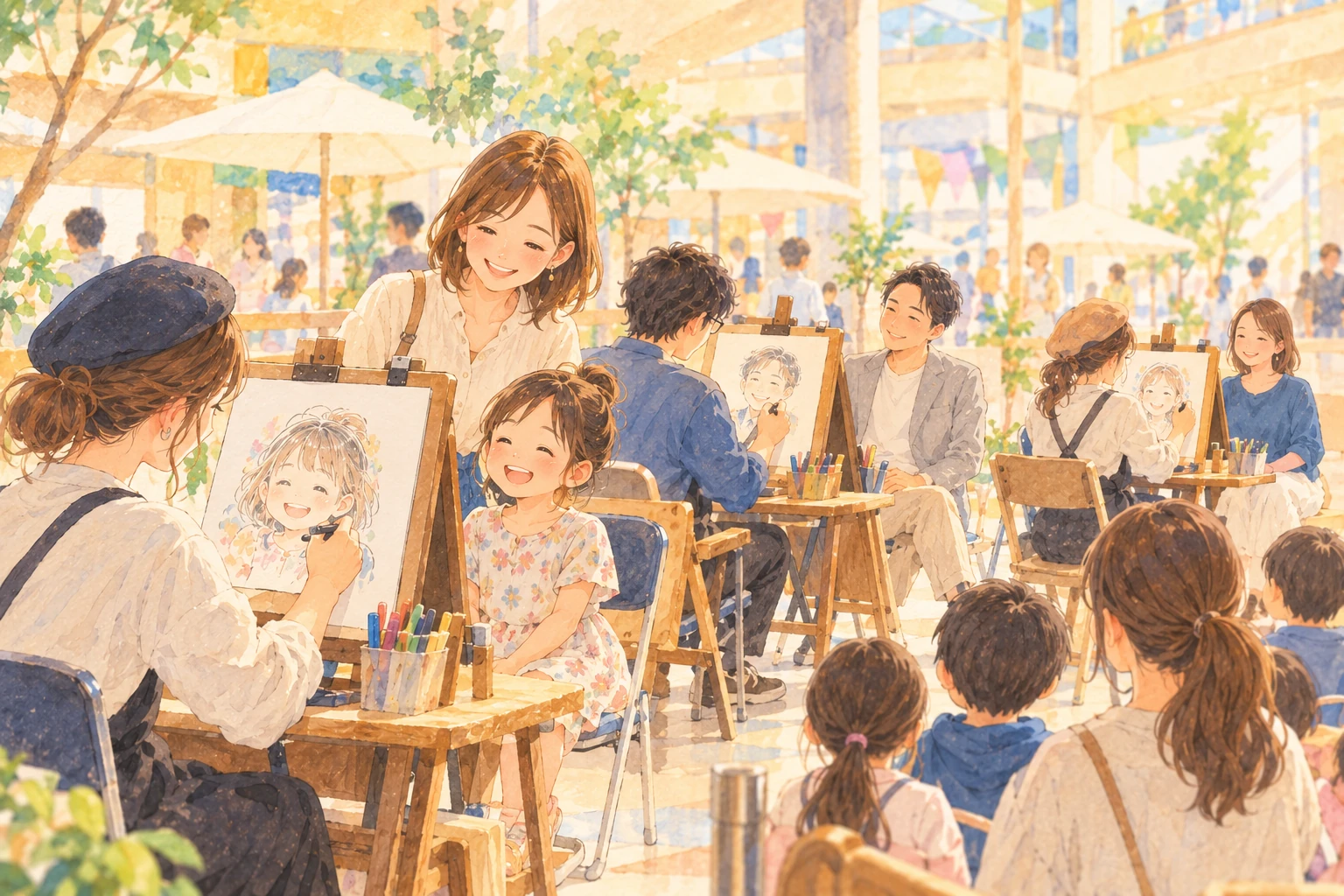商業施設で似顔絵を楽しむ様子のイメージイラスト