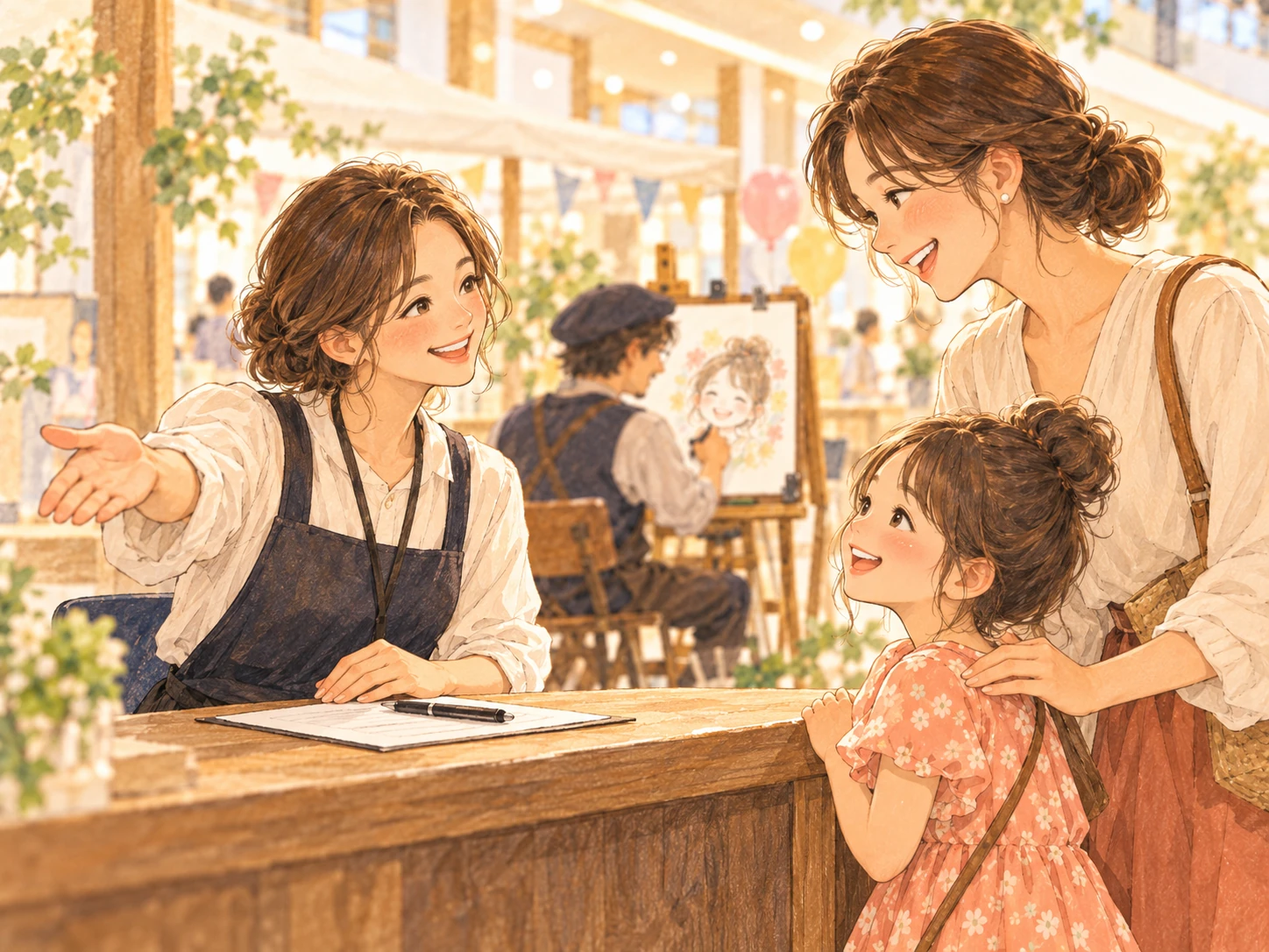 似顔絵イベントの受付で、スタッフが母親と女の子を案内する様子のイメージイラスト