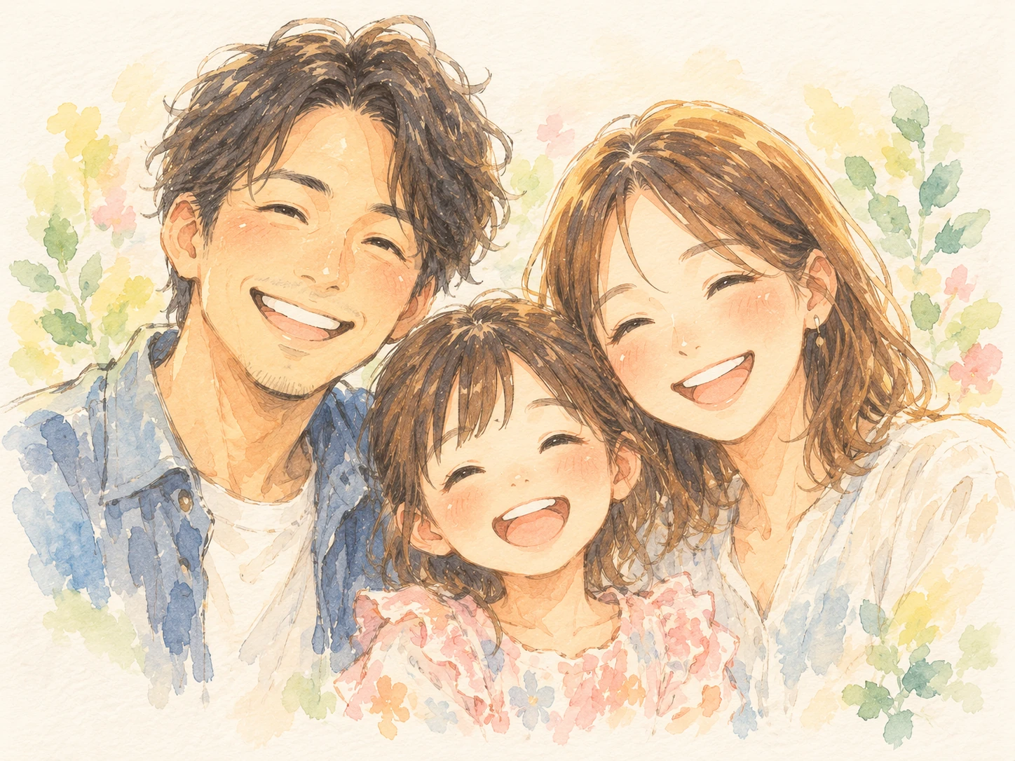 両親と女の子が笑顔で寄り添う家族3人の似顔絵のイメージイラスト