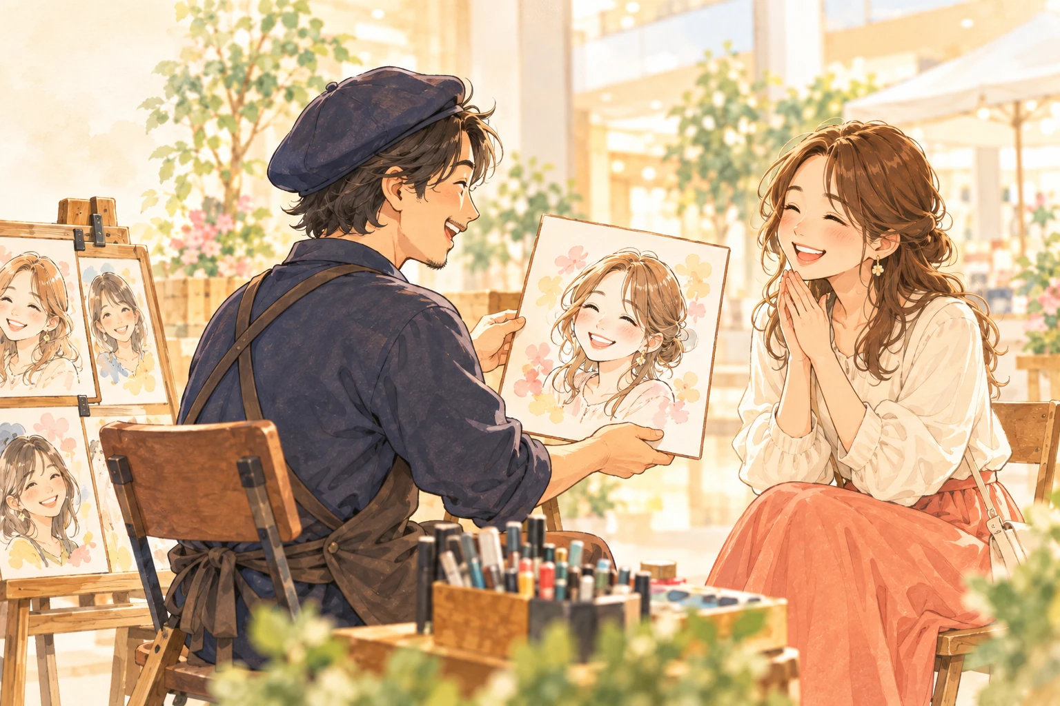 作家が完成した似顔絵を女性に見せ、女性が笑顔で喜ぶ様子のイメージイラスト
