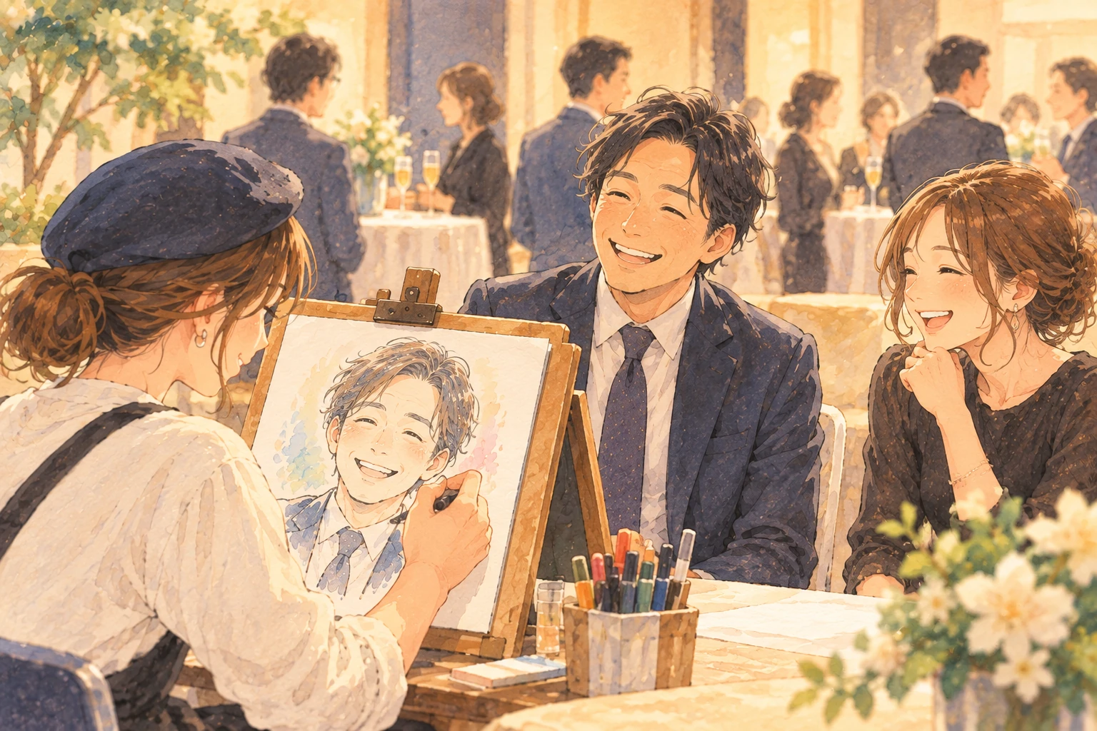 結婚式で似顔絵を楽しむ様子のイメージイラスト