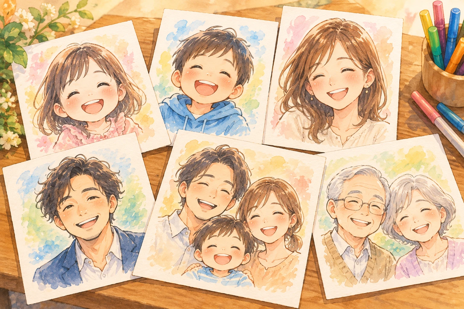子ども、大人、家族、年配の夫婦を描いた似顔絵が机に並ぶ様子のイメージイラスト