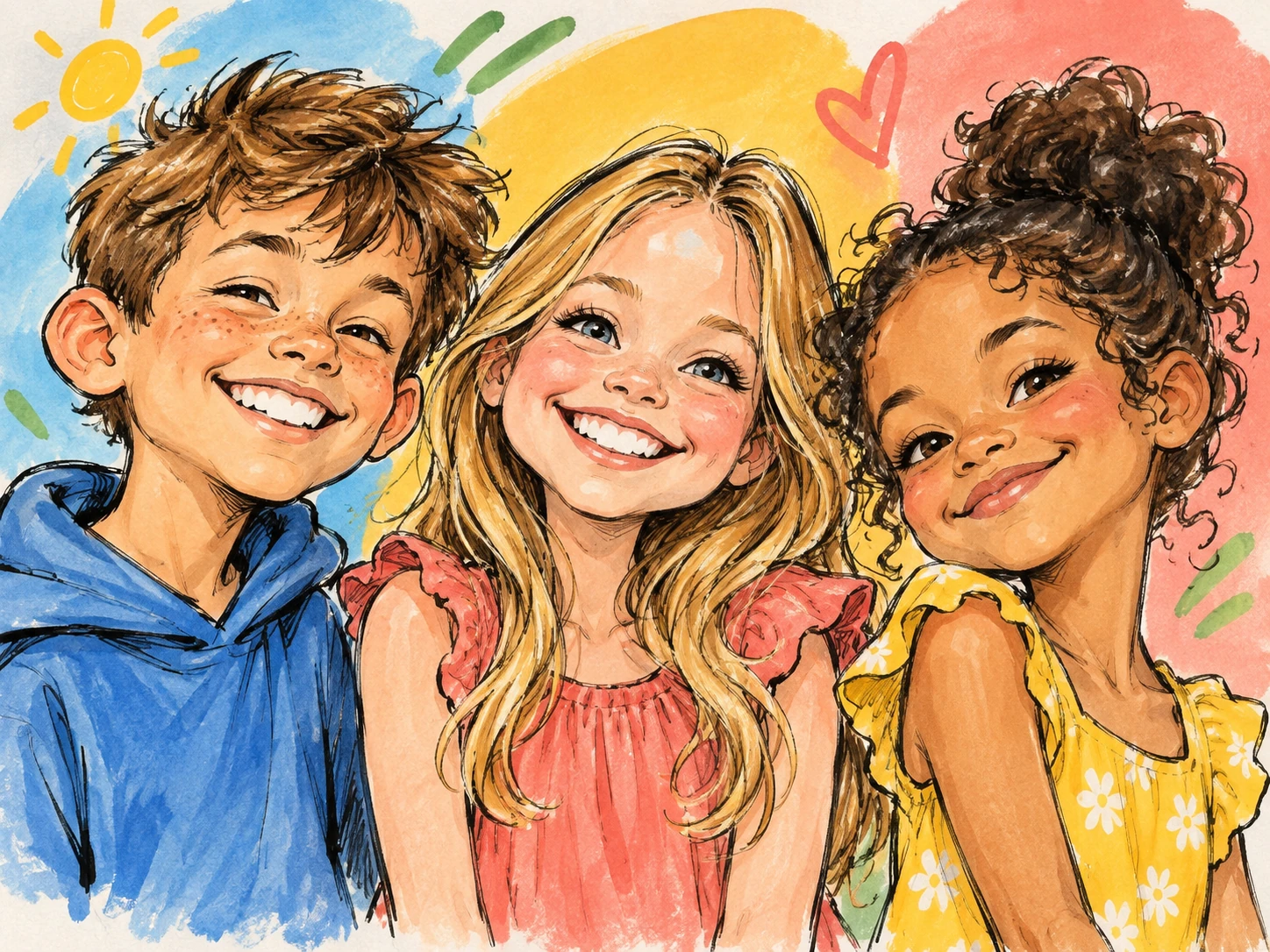 明るい色と表情豊かなタッチで描かれた3人の子どもの似顔絵のイメージイラスト