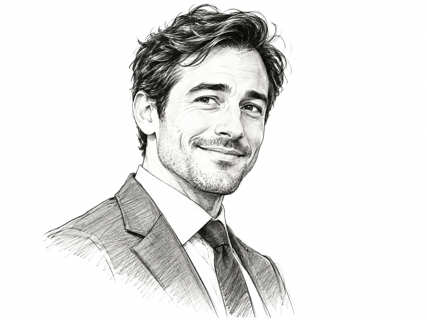 スーツ姿の男性を細かなモノクロの線で描いた肖像のイメージイラスト